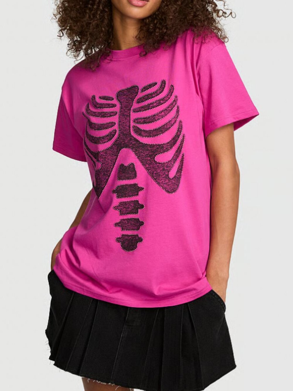 PINK Victoria's Secret Halloween Rhinestone Cotton T Shirt - Pink Skeleton - NWT